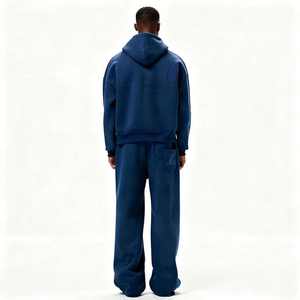 Ensemble de survêtement bleu à capuche pour homme, coupe ample, 100 % coton, tenue décontractée avec cordon de serrage à la taille et poches latérales - Product Image 2
