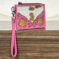 Porte-cartes mini en cuir de vachette fait main 2026, motif floral élégant, fermeture éclair, portefeuille à dragonne unisexe