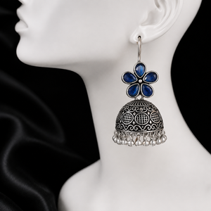 Oxidized <b>Silver</b> Multicolor Stone Floral Jhumka <b>Earrings</b> for Women | Indian <b>Dangle</b> <b>Earrings</b> for Women - Product Image 2