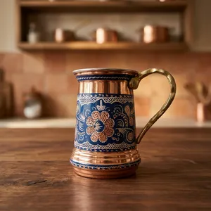 Handmade Copper Tankard Mug with Blue <b>Enamel</b> Floral Design Decorative Metal Beer Mug Drinking <b>Cup</b> Vintage Indian Handicraft Gift - Product Image 6