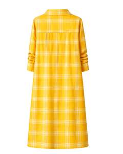 Vestido Camisero a Cuadros Amarillo para Mujer, Vestido Midi a Cuadros de Manga Larga con Bolsillos, Ropa Casual, Fabricante OEM Personalizado - Product Image 2