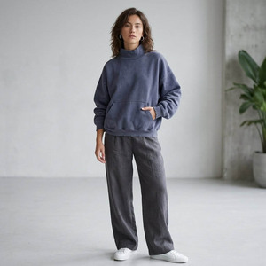 Oversized Turtleneck Crop Sweatshirt Pocket Design Anti-Wrinkle 100% Cotton French Terry 350g Plain Dyed <b>Pullover</b> <b>Men</b> Autumn - Product Image 6