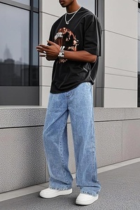 Vaqueros de mezclilla para hombre, lavados a la piedra, de pierna ancha, corte holgado, talla grande, cintura media, estilo casual urbano, 100% algodón - Product Image 2