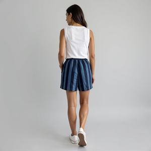 Shorts Bermuda pour filles, taille élastique non-creusante, lavable en machine, respirant, 100% coton, détente à la maison, rayures bleu marine - Product Image 4