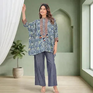 Women <b>Blue</b> Paisley Printed <b>Tunic</b> Two Piece Set Loose Fit Three Quarter Sleeve Ethnic Boho Casual Wide Leg Pants Outfit - Product Image 6