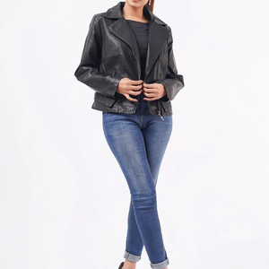 Chaqueta de Motociclista de Cuero PU para Mujer, Manga Larga, Cierre de Cremallera, Color Sólido, Cuello Camisero, Estilo Otoñal - Product Image 2