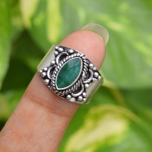 <b>Emerald</b> Gemstone <b>Ring</b> 925 Sterling <b>Silver</b> Green Stone Jewelry Boho Statement <b>Ring</b> Gift for Her - Product Image 1