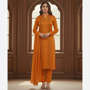 Salwar Kameez en coton orange pour femmes avec coutures verticales, longueur au sol, tenue décontractée traditionnelle pour l'Inde et le Pakistan - Product Image 5