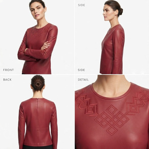 T-shirt en cuir brodé pour femme à manches longues, haut moderne en cuir PU de vachette de qualité supérieure à col rond, fabrication en gros - Product Image 3