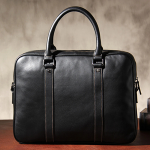 Porte-documents classique en cuir véritable avec poignée pour usage professionnel, design durable, couleur noire - Product Image 1
