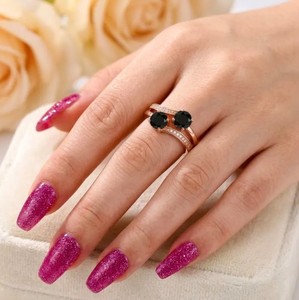 Anillo de Plata de Ley 925 al por Mayor, Chapado en Oro Rosa, con Ónix Negro, Anillo de Dos Piedras, Corte Redondo, Anillo de Promesa con Gema Negra - Product Image 2