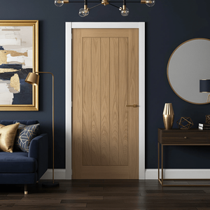 Porte intérieure en WPC, résistante à l'eau et aux moisissures, avec placage PVC imitation bois et rainures, porte composite à surface plane. - Product Image 3