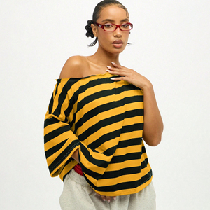 T-shirt rayé décontracté à manches courtes et épaules dénudées pour femme 2026, tricoté à la taille, ample, respirant, écologique, 100 % coton, été - Product Image 3