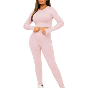 Pink Ribbed Solid 2 Piece Yoga Set Crew Neck Long Sleeve Crop Top High Waist Full Length Leggings Activewear Seamless - Product Image 3