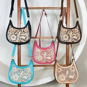 2026 Wholesale New Fashion Designer Hand Tooled Leather Shoulder Bag <b>Genuine</b> Cowhide Leather Saddle Handbags for Ladies Purses - Product Image 4