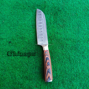 Couteau de chef en acier Damas forgé à la main, écologique, manche en bois Pakka, couteau de cuisine Santoku japonais avec étui en cuir - Product Image 6