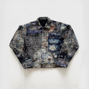 Wholesale Men's Casual Slim Fit Denim Jacket Spring Fashion with Stand Collar Paisley Print Washed Patchwork Men's Jacket - Product Image 3