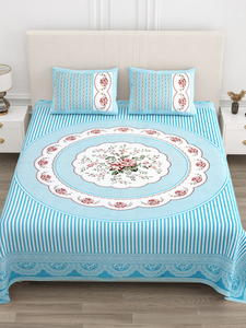Parure de lit tricotée 3 pièces en coton 100% imprimé à la main motif floral bleu à pois, anti-acariens et anti-statique pour la maison - Product Image 1
