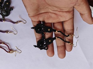 Vintage <b>Black</b> Macrame Drop Earrings Gold Plated <b>Hooks</b> Women's Everyday Wear Jewelry - Product Image 4