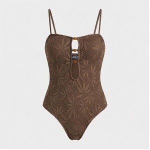 NORTH SOUTHERN Women's Brown One-Piece Swimsuit With Plant Pattern Hollow Out Design Plunge Neck Stretch Knitted Bodysuit - Product Image 1