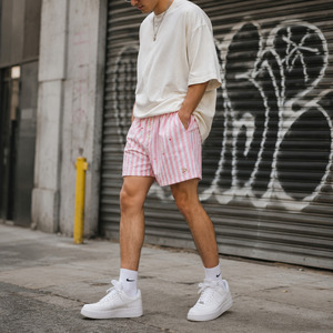 Pink Striped Seersucker Men's Mid Elastic <b>Boxer</b> Shorts Y2K Summer Heart Embroidery Rhinestone Detail Lightweight Cotton Poplin - Product Image 6