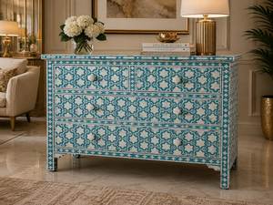 Table d'appoint indienne artisanale moderne écologique à 6 tiroirs, incrustée de nacre et de motifs floraux, pour chambre et salon - Product Image 1