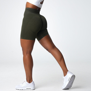 Shorts de sport taille haute pour femme, couleur unie, en toile, taille élastique, respirant, coupe ajustée - Product Image 4