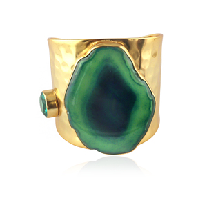 Best selling <b>bracelet</b> natural green agate slice hammered texture band <b>cuff</b> gold plated statement brass jewelry women <b>bracelets</b> - Product Image 1