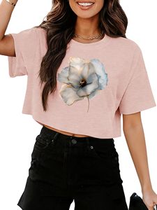 Women Fashion Crop <b>Top</b> Crew Neck Graphic Tee Short Sleeve Shirt Wholesale Supplier - Product Image 4