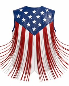 Chaleco de cuero para mujer con estampado de bandera americana y borlas, cuello en V, estilo motociclista, ropa exterior - Product Image 2