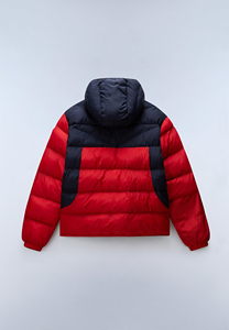 2026 Men's <b>Red</b> And Navy Color Blocking <b>Hooded</b> Puffer <b>Jacket</b> With Zipper Closure Windproof Down Filled Winter Casual Outerwear - Product Image 2