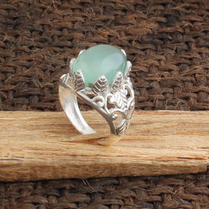 Anillo de Plata de Ley 925 con Calcedonia Aqua Natural Tallada a Mano, Anillo Floral con Gema Azul, Fabricante de Joyería al por Mayor - Product Image 5