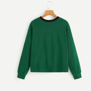 Sweat-shirt à col rond à manches longues pour femmes, colorblock noir, blanc et vert, chevron, OEM ODM, vêtements en gros - Product Image 2