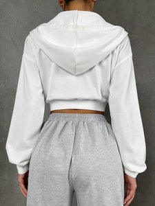 Sudadera con capucha corta para mujer con media cremallera y cremallera circular, 100% algodón, estilo casual deportivo, con logo personalizado, sudadera minimalista con capucha - Product Image 3