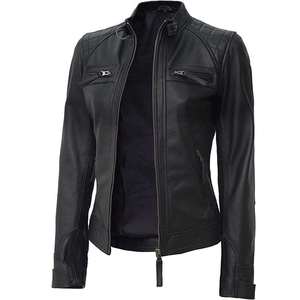 Chaqueta de Cuero Genuino para Mujer, Color Negro Sólido, de Lujo, a la Moda, Impermeable, de Secado Rápido, Estilo Urbano - Product Image 5