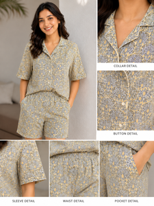 Conjunto de Pijama Amarillo Mostaza con Estampado Floral Hecho a Mano, Camisa de Manga Corta y Pantalones Cortos de Algodón para Mujer, Obra Maestra Hecha a Mano - Product Image 6