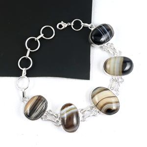 Bracelet à maillons en agate rayée naturelle, best-seller, ovale, en argent sterling 925 plaqué, bijoux faits à la main, tendance pour femmes - Product Image 1