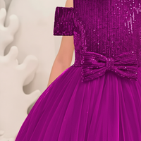Robe de soirée pour enfant en velours violet brodé de fleurs à sequins, épaules dénudées, longueur cheville, manches courtes, pour anniversaire ou cérémonie