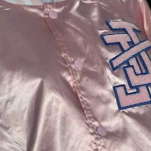 Jack and Jill Pink Satin Bomber <b>Jacket</b> Unisex Snap Button Varsity Style <b>Lightweight</b> Casual Fashion Streetwear Coat - Product Image 5