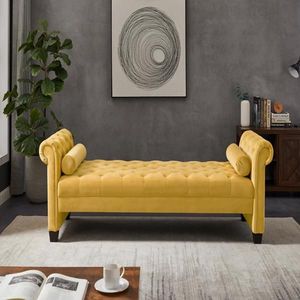 "Sofa <b>Bench</b> with Solid <b>Wood</b> Legs & Velvet Cushions Rectangular Shape & Cylindrical Pillows" - Product Image 1