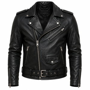 Men's Black Genuine Leather Winter Casual Stand Collar Tanned Moto <b>Biker</b> <b>Jacket</b> with Zipper Closure Belted Waist OEM Service - Product Image 1