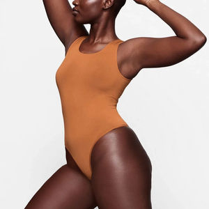 Combinaison une pièce pour femme, col carré, couleur unie, taille haute, extensible en spandex et polyester, grande taille, tricotée sans couture - Product Image 3