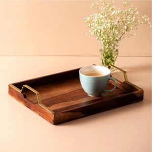 Luxury Walnut Wood Serving Tray with Cutout Handles <b>Rectangle</b> Wooden Decorative <b>Coffee</b> <b>Table</b> Ottoman Tray for Home & Hotel Trays - Product Image 2