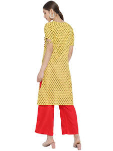 Ensemble Kurta et Palazzo Droit 100% Coton à Imprimé Floral Jaune et Rouge – Tenue Traditionnelle Ethnique pour Femme – Été – Recyclé - Product Image 3
