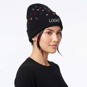 Bonnet d'hiver tricoté personnalisé brodé, chaud et doux, avec perles et strass, en acrylique noir, pour femme - Product Image 4