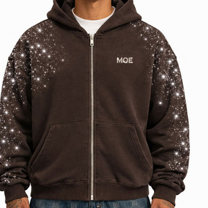 Sudadera con capucha de algodón grueso con cremallera y pedrería para hombre, con logo personalizado, estilo urbano, fabricación a granel - Product Image 4
