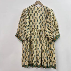 เดรสผ้าฝ้ายทอลายสไตล์ลำลองสำหรับผู้หญิง แขนสั้น เอวทรงเอ็มไพร์ ทรงเบบี้ดอลล์ คอวีทรงโอเวอร์ไซส์ ทรงหลวม สไตล์รัฐราชสถาน - Product Image 5