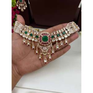 <b>Indian</b> Ethnic Devika Premium Moissanite Gold Plated Bridal Choker <b>Set</b> for Women - Product Image 3