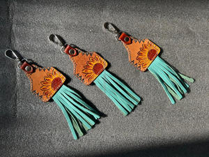 Porte-clés Western en cuir taillé à la main Turquoise Fringe Porte-clés en cuir véritable de haute qualité Porte-clés tournesol Cowgirl Porte-clés - Product Image 3