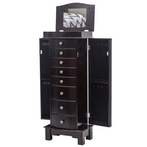 Armadio Portagioie Marrone con 8 Cassetti, 16 Ganci per Collane, 2 Ante Laterali a Battente, Specchio Incluso, Organizzatore per Gioielli - Product Image 5
